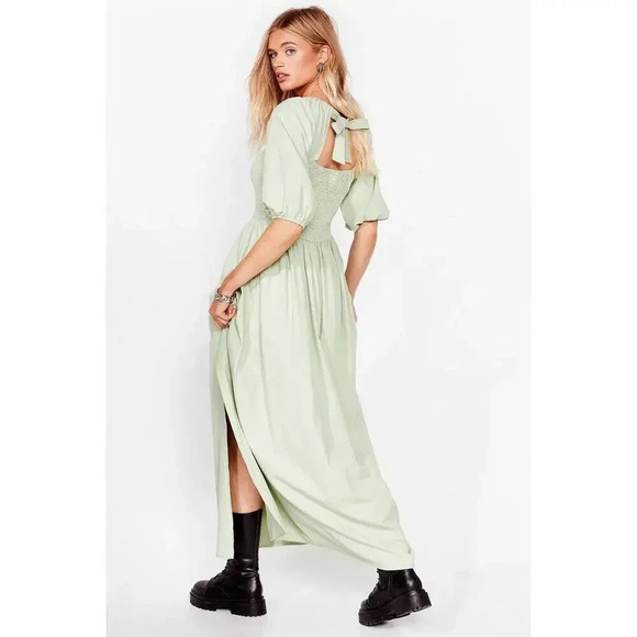 Nasty Gal Shirred Puff Sleeve Maxi Slit Dress Light Green Size 10 - Picture 7 of 10